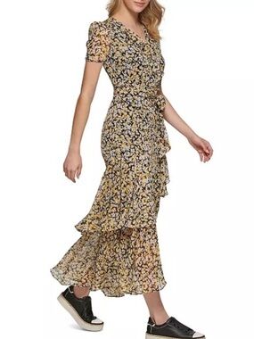 Karl Lagerfeld Black Maxi Dress with Yellow and White Floral Print